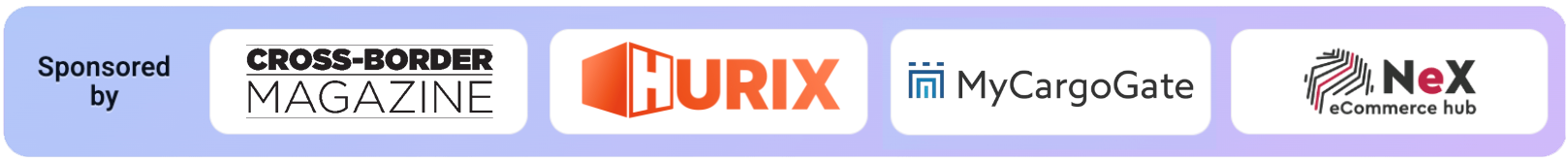 Sponsored by — logos for Cross-Border Magazine, Hurix, MyCargoGate, and NeX eCommerce hub